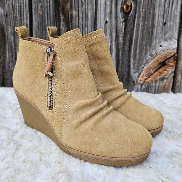 Ruched Suede Ankle Wedge Boot Sperry Harper Kara Bootie Size 8 Tan Leather Zip - Picture 1 of 13